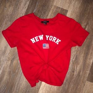 Red crop New York American flag tie front tee